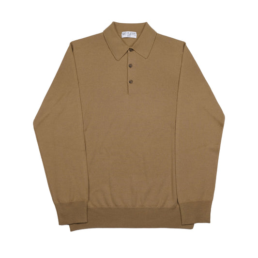 Camel Wool Long Sleeve Polo Shirt